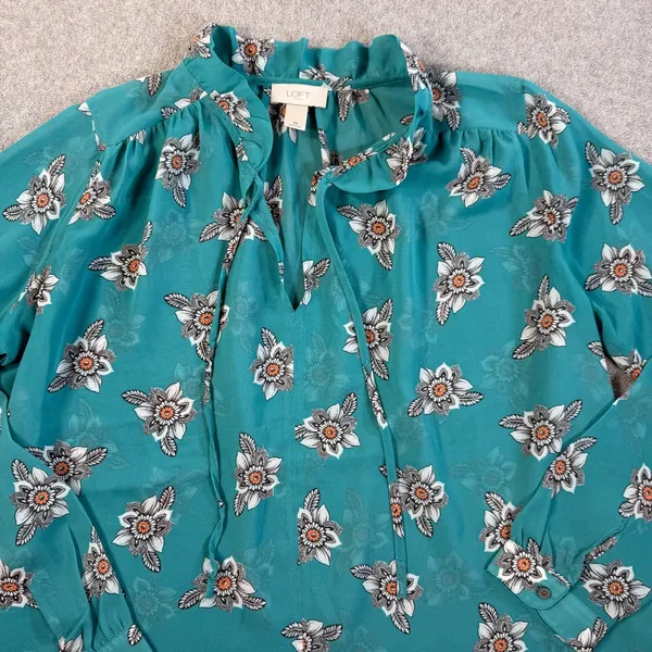 LOFT Outlet Women's Medium Sheer Teal Floral Ruffle Tie Neck Blouse Top - Image 4