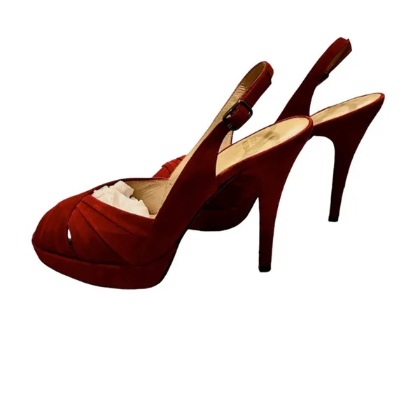 Burgundy Red Pleated Suede Peep Toe Platform Slingback Pumps 8M - Image 5