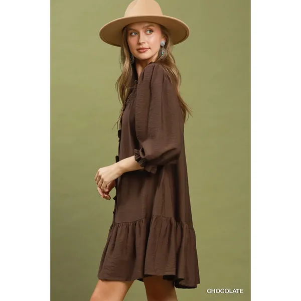 Umgee Smocked Ruffle Detail Tiered Mini Dress - Chocolate - Small - Image 2