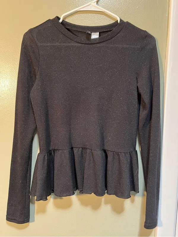 Divided Women's Size Small Peplum Top Black Sparkle Ribbed Long Sleeve Stretch - Image 2