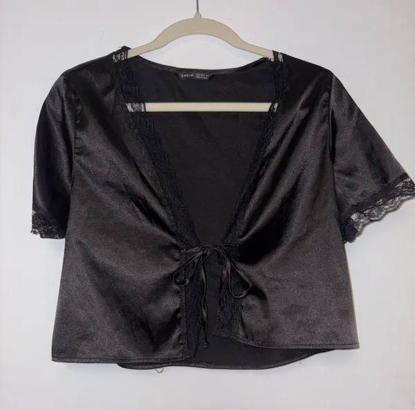 SHEIN Black Open Front Tie Crop Top M - Image 3