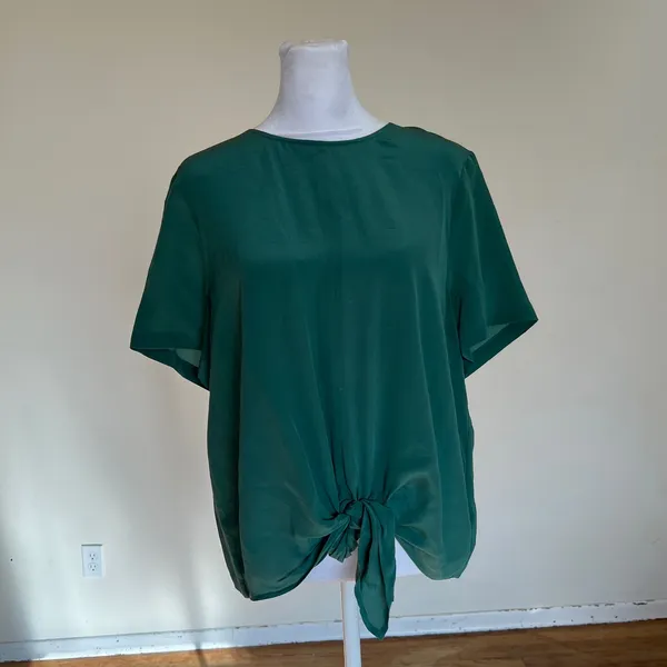 Madewell Silk Button-Back Tie-Front Top Forest Green G2064 Size L - Image 8