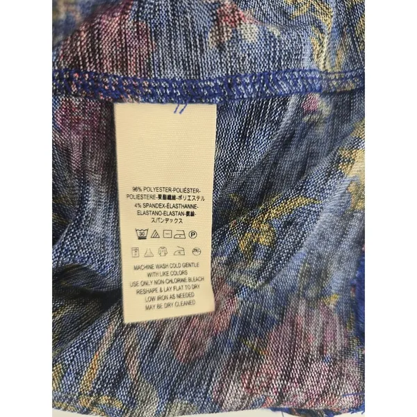 Free People Ruffle Front Top Womens S Blue Floral 3/4 Sleeve Knit‎ Keyhole Back - Image 4