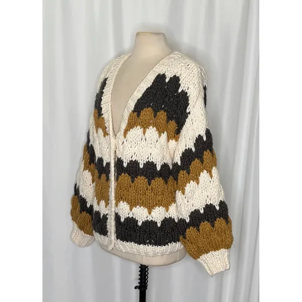 CHICWISH Color Block Hand Knit Chunky Cardigan Sweater Smoke Medium Large - Image 6