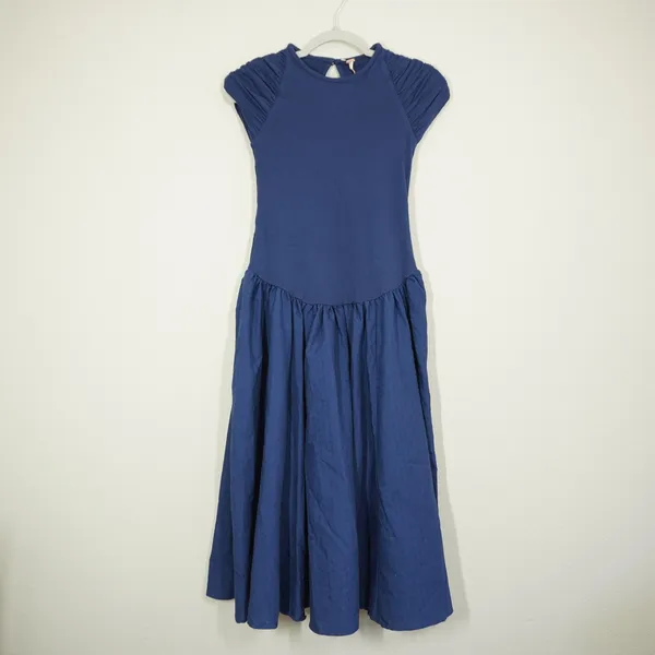 Free People XS Midi Dress Navy Blue Pleated Cap Sleeve Drop Waist Casual Daytime - Image 2