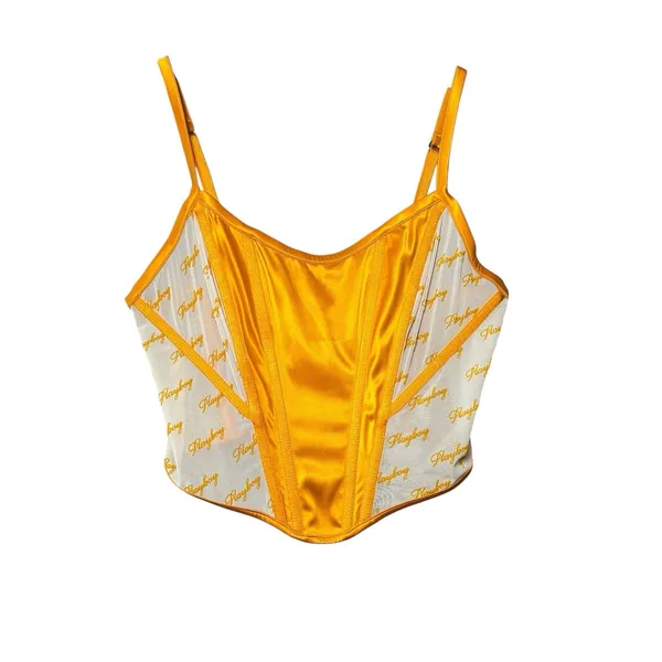 Playboy Women's L Gold Satin Mesh Logo Corset Bustier Y2K Festival Clubwear‎ Top - Image 2