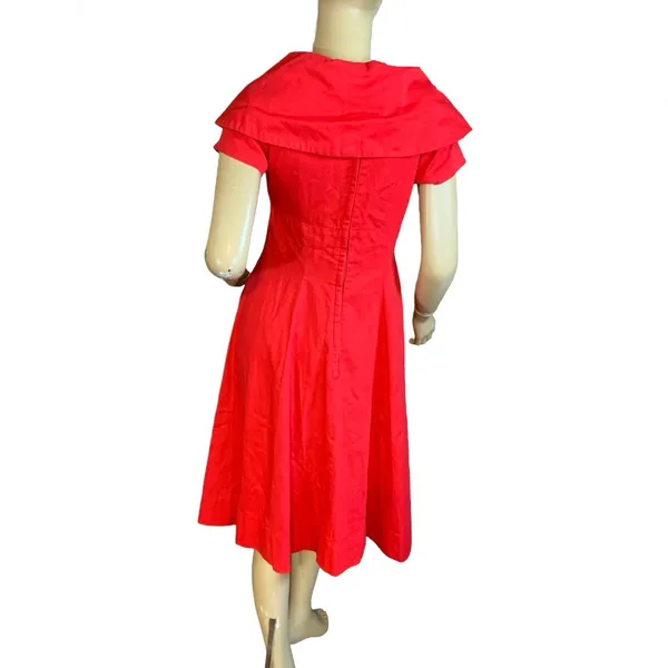 Vintage 1950'S Handmade Square Pattern Red Cotton Day Dress (S) - Image 4