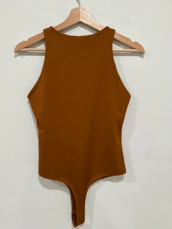High Neck Sleeveless Bodysuit in Camel Brown - Image 6