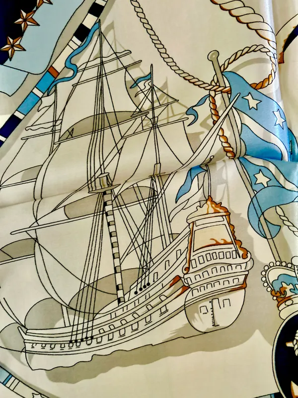 Vintage Square Sailing BOAT,WHEEL&Anchor 35/35 Oversized satin Silky SCARF - Image 5