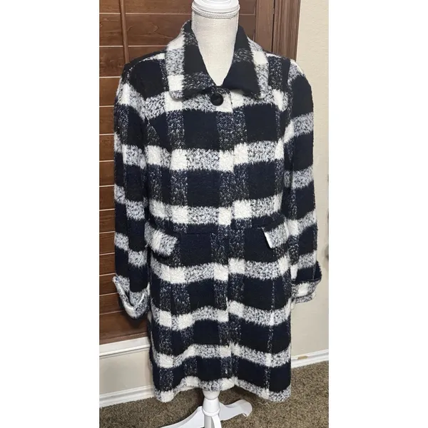 Modcloth Coat Black White Checked Ladylike Lately Wool-Blend Dress Sz L - Image 3