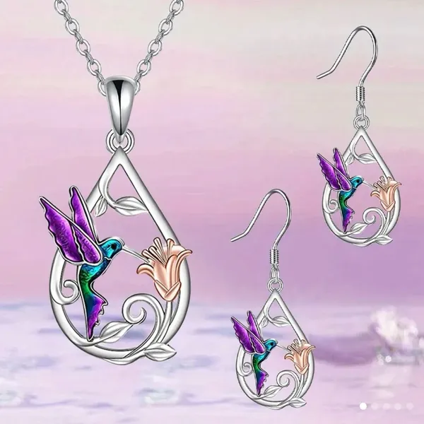 Hummingbird Silver Necklace and Earrings - Image 3