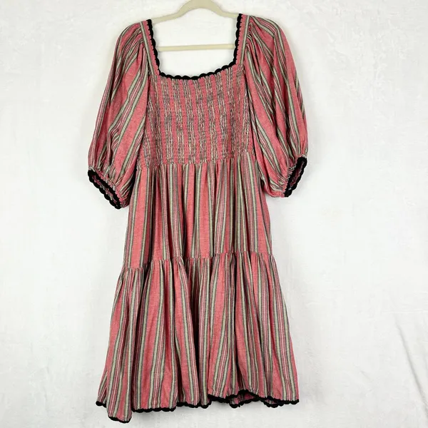 Sister Mary Sierra Dress Size Large Cotton Stripe Embroidered Smocked Boho Red - Image 4