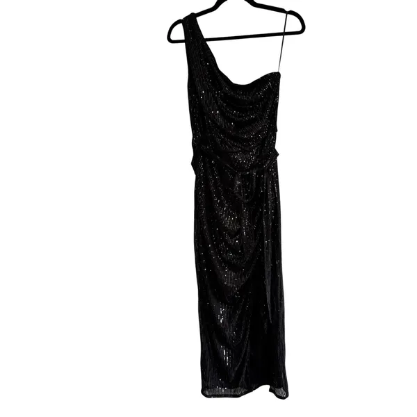 Grace Karin Black Sequin One Shoulder Maxi Dress Ruched Formal Gown Size L - Image 2