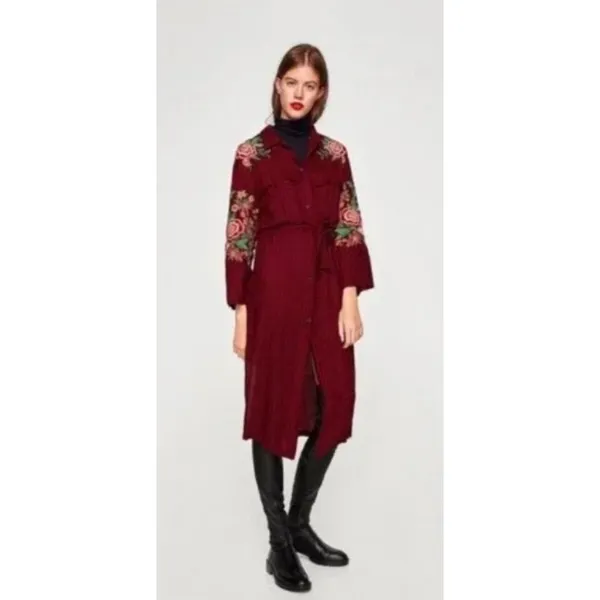 Zara Cardigan Women SMALL Red Navy Blue Plaid Button Front Maxi Dress Duster‎ - Image 3