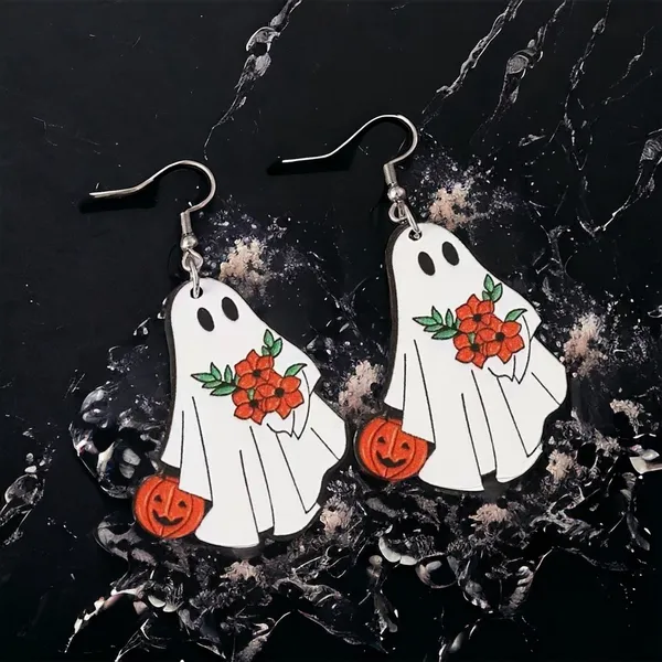 White Ghost Pumpkin Pattern Dangle Halloween Earrings‎ Wooden Jewelry - Image 8