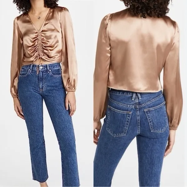 Forever 21 Women's Size Large Satin‎ Crop Top Cinched Front V-Neck Light Pink - Image 7