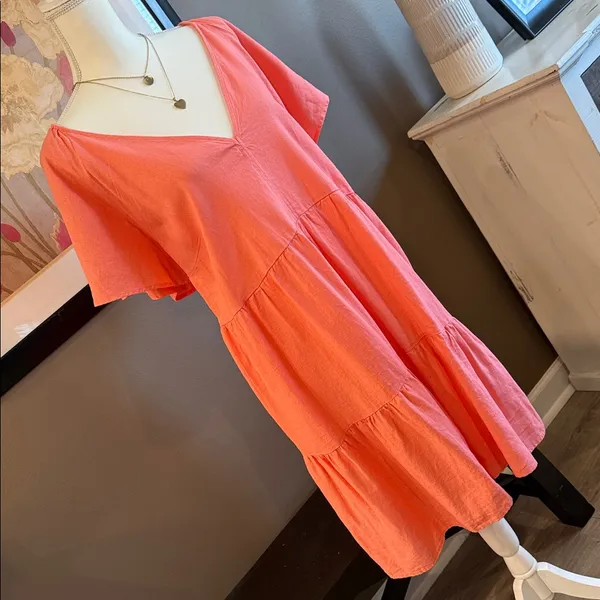 UNIVERSAL THREADS Coral Linen Blend V-Neck Boho Peasant Tiered Midi Dress XXL - Image 4