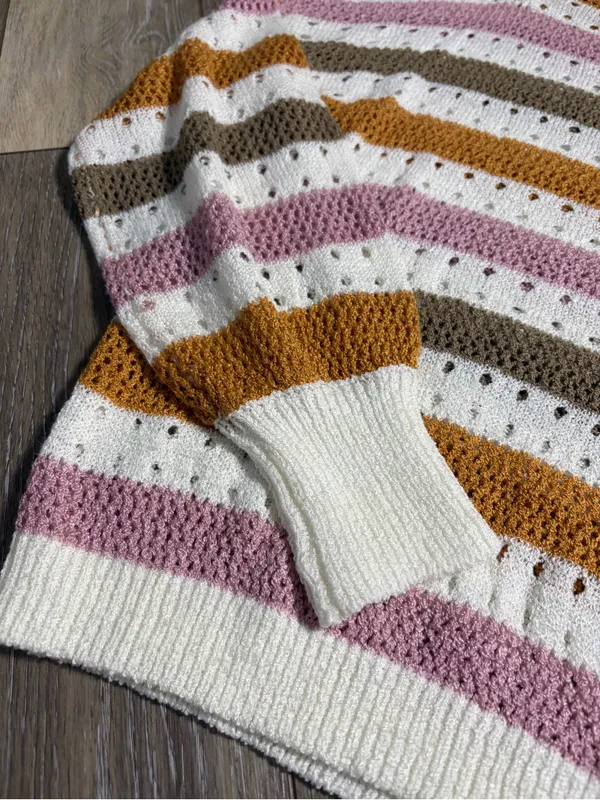 Striped Open-Knit Crewneck Boho Sweater Women’s Small - Image 2