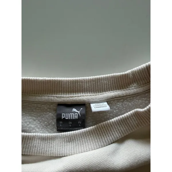 Puma Womens Crewneck‎ Sweatshirt Beige Tan Logo Patch Fleece Pullover Large - Image 5