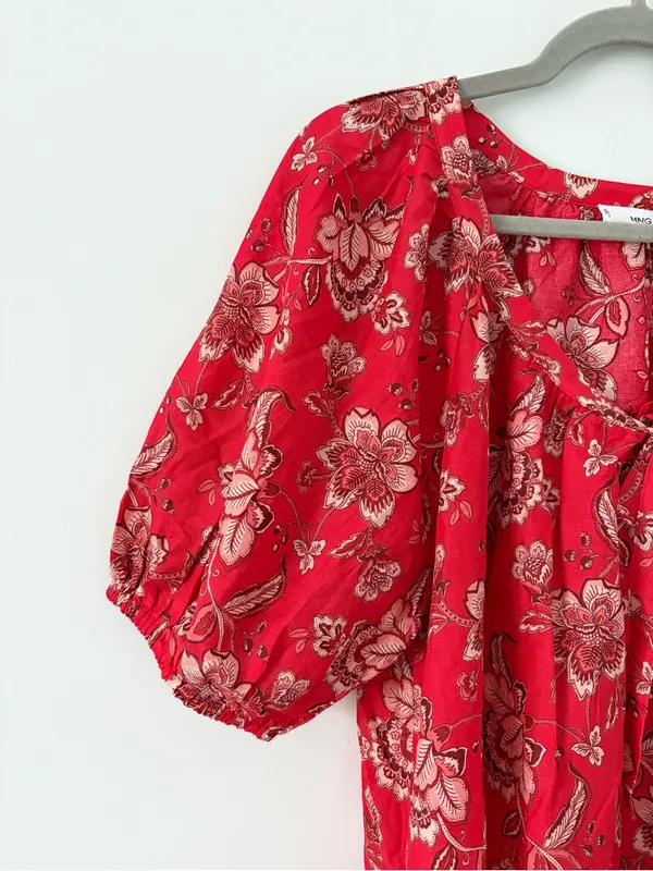 MNG Mango Red Paisley Floral Square Neck Elbow Balloon Sleeves Cotton Linen Top - Image 3