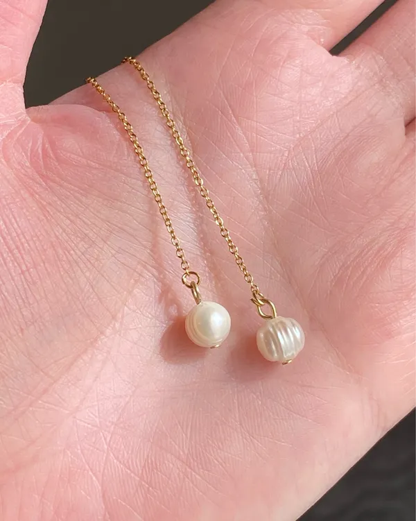 Handmade gold tone stainless steel dainty thread pearl earrings💖 - Image 5