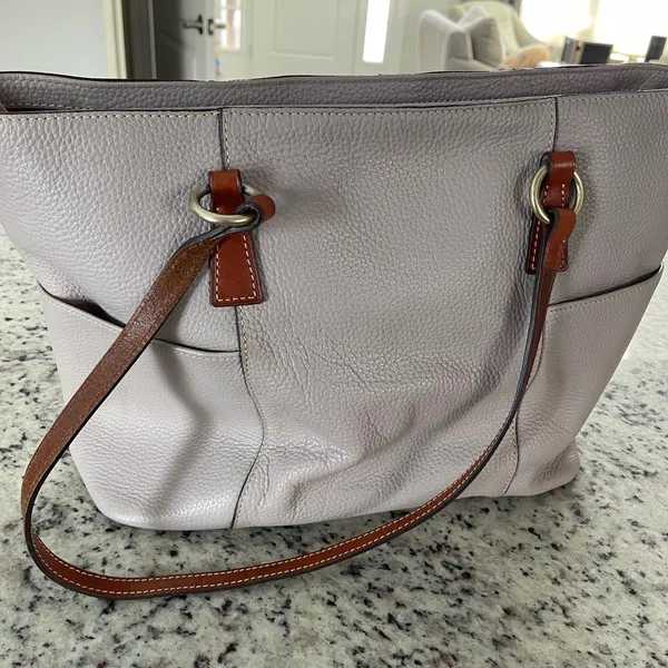 Dooney & Bourke Pebbled Leather Tote Light Pink Purple Brown‎ Trim Shoulder Bag - Image 4