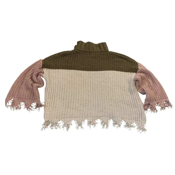 POL Sweater Womens Small Brown Pink Colorblock Fringe Mock Neck‎ MST127 Boho - Image 3