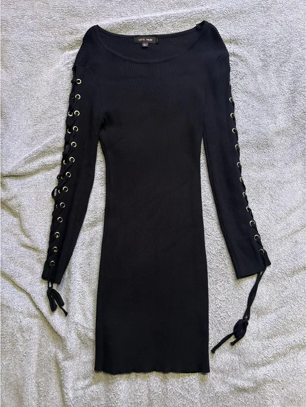 Ribbed Lace-Up Long Sleeve Dress - Image 4