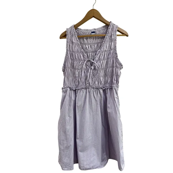 Old Navy Stripe Smocked‎ Mini Dress Cotton Poplin Purple Cottagecore Size Large - Image 3