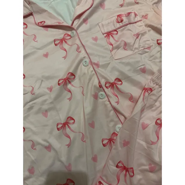 NIB Pink Bow and Heart Print Satin Pajama Set Short Sleeve Button Down Shorts S - Image 8
