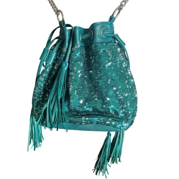 Womens Ion Turquoise Sequins Crossbody Chain Strap Cinch Tassel Purse - Image 2