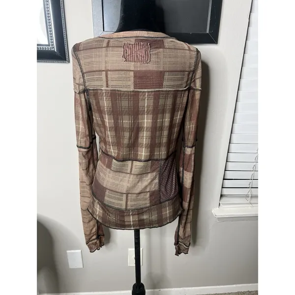 Free People Brown Plaid Mesh V Neck Long Sleeve Medium Tee Lettuce Edge‎ - Image 6