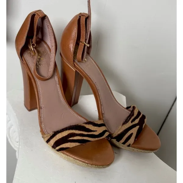 Vince Camuto Open Toe Strap 3.5" Heels Platform Animal Faux Fur Size 7.5M - Image 4