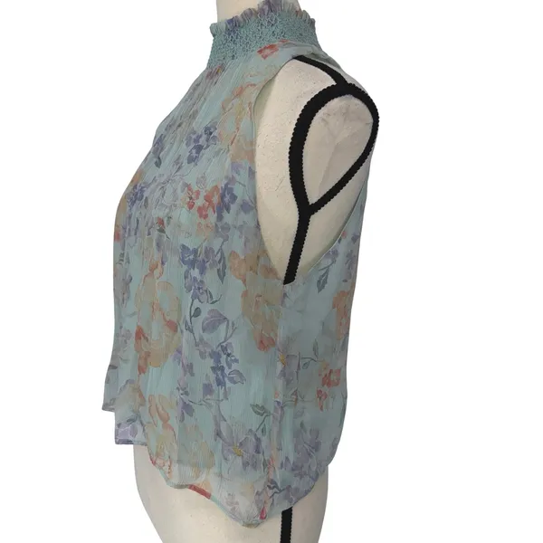 Alice + Olivia Annmarie Floral Smocked High Neck Tank Top Blue Multi Size S - Image 3