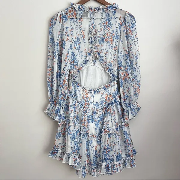 Hello Molly blue Floral Tiered Cutout Dress long sleeve flowy babydoll XS - Image 4
