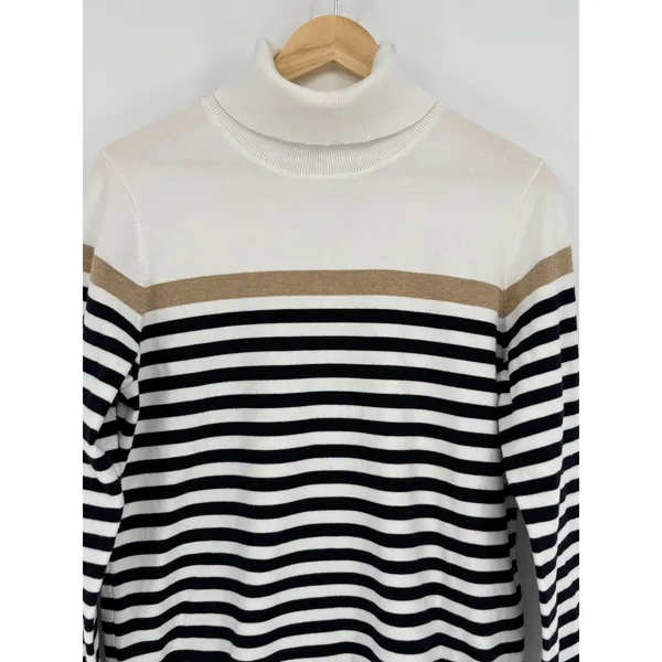 Tommy Hilfiger Turtleneck Sweater Large Striped Metallic White Gold Coastal Prep - Image 3