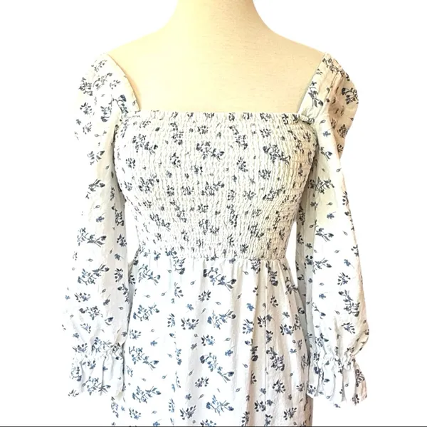 House of Harlow Linen Smocked Bodice Square Neck Floral Cottage Coquette Soft XS - Image 6