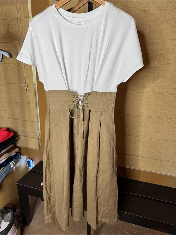 Eri + Ali Grace Corset Midi Dress Small Anthropologie Linen Cotton Lace Up Waist - Image 5