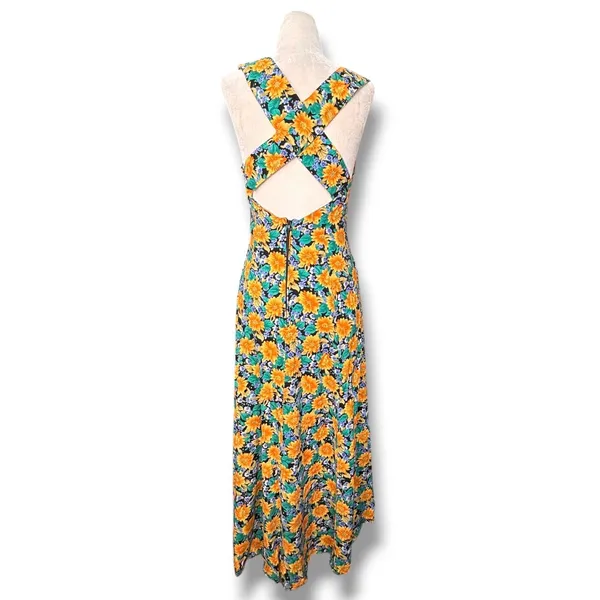 Vintage All That Jazz Floral Maxi Dress Open Cross Back Sunflower Garden Party - Image 6