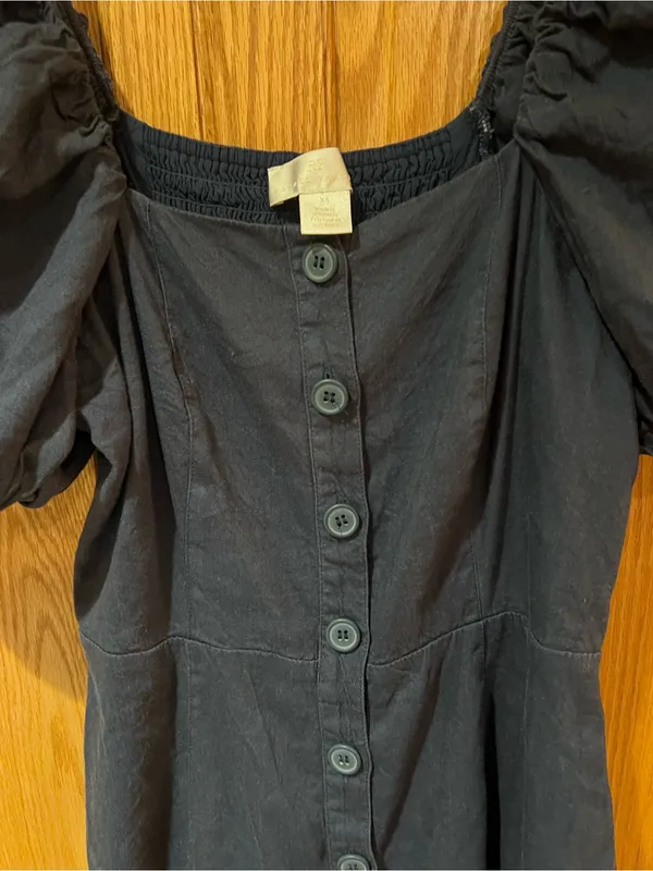 Rachel Parcell Square Neck Button Front Puff Sleeve Linen Dress Dark Blue XS - Image 8