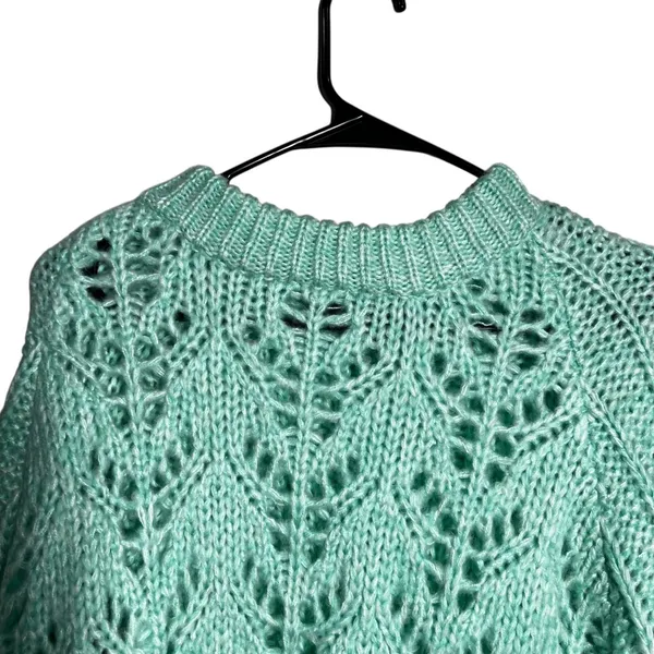 Blue Blush Mint Green Crochet Knit Sweater Women's Medium Loose Fit Open Knit - Image 2