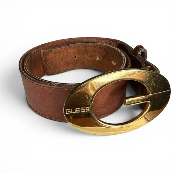 Guess Genuine Leather Belt Small‎ Brown Large Gold Buckle Adjustable Logo Y2K - Image 4