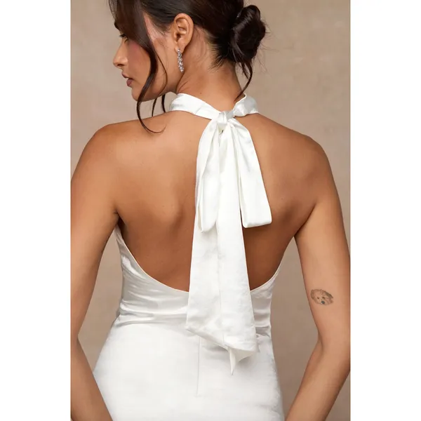 Lulus Concetta Ivory Satin Lace Halter Maxi Dress Wedding Bridal Small NWT - Image 5