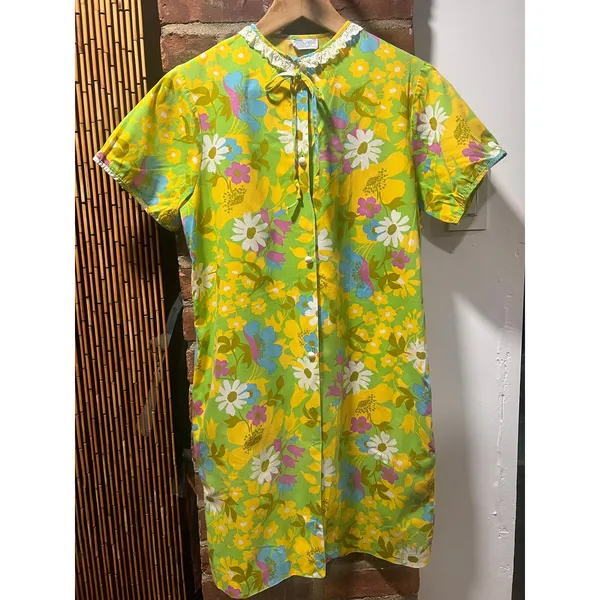 Vintage Sears Green Floral Shift Dress Lace Collar Cottagecore Mod S - Image 2