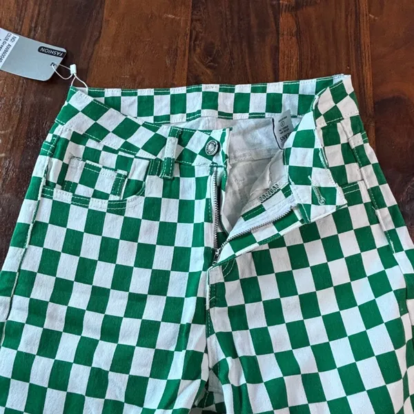 Fashion Green White Checkered Flare Jeans High Waisted Wide Leg Size 2 NEW - Image 8