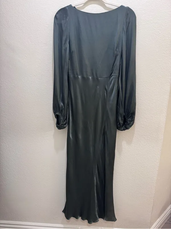Shona Joy La Lune Balloon Sleeve Backless Midi Dress Slit Olive Green Size 4 - Image 3