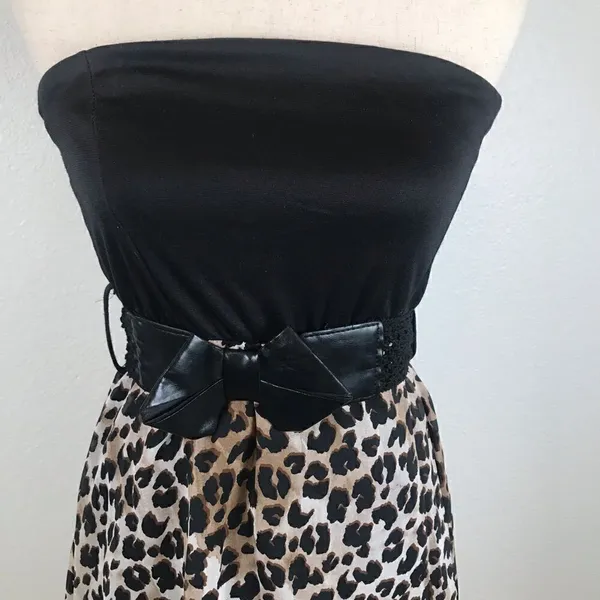 Vintage Y2K strapless bow embellished belted Hi/low leopard print mini dress‎ - Image 3