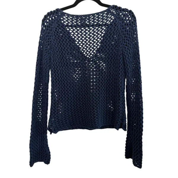 Abercrombie & Fitch Navy Blue Open Knit V Neck Bell Sleeve Sweater Size Medium - Image 3