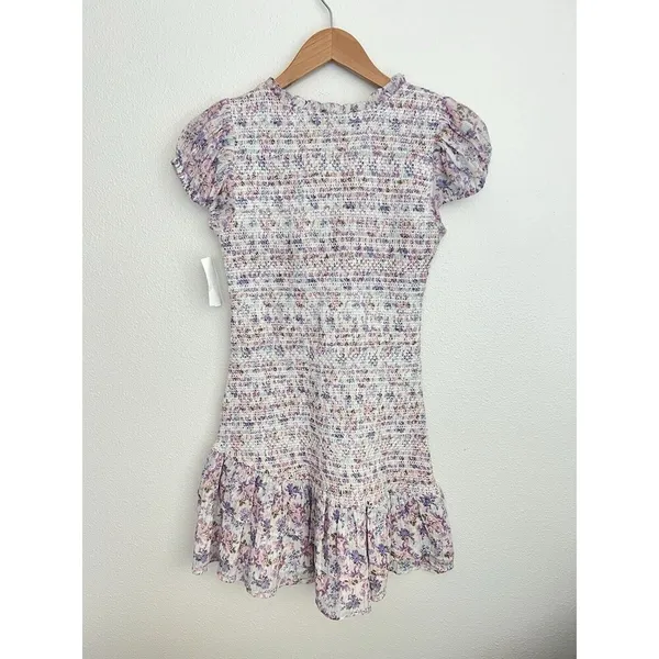 LOVESHACKFANCY Floral Smocked Mini Dress Puff Sleeve Asymmetric Ruffle Coquette - Image 9