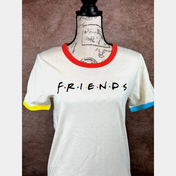Friends Rainbow T-shirt Beige with Multicolor Neck and Cuffs M - Image 2